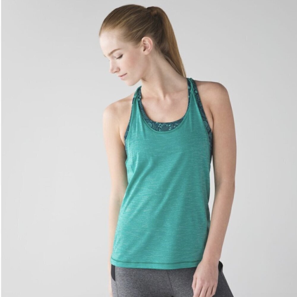 Lululemon Twist and Toil Tank Heathered Bali Breeze/Pretty Lace Bali Breeze sz 4